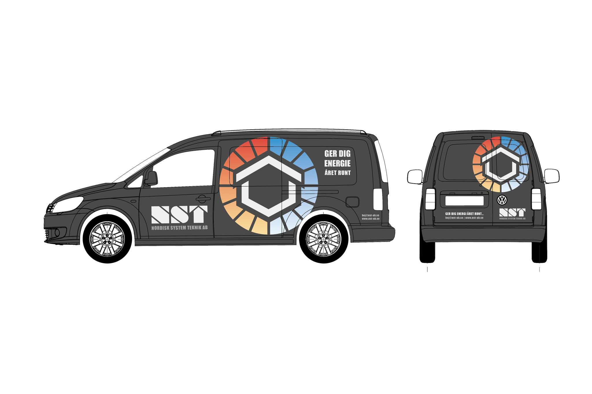 Livery design for the NST van, side and rear view with the logo across the sliding door